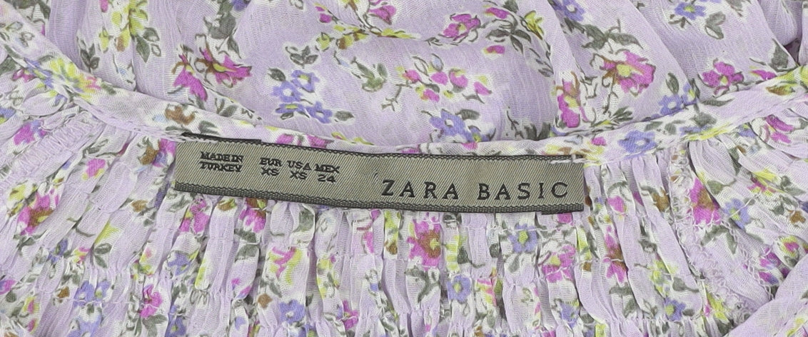 Zara Basic Women's Purple Floral Chiffon Tunic Blouse XS