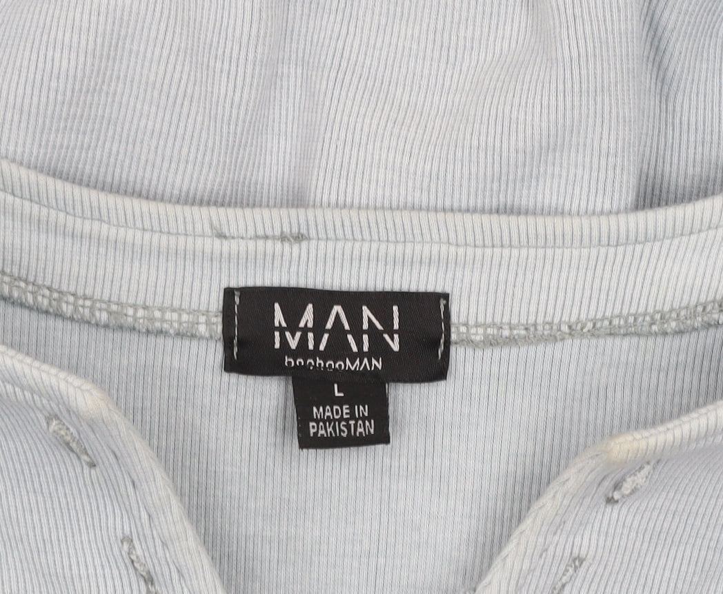 boohooMAN Men's Blue V-Neck Graphic Sweatshirt Size L Relaxed Fit