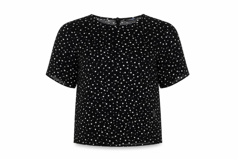 Blue Chameleon Women's Black Polka Dot Short Sleeve Blouse XS