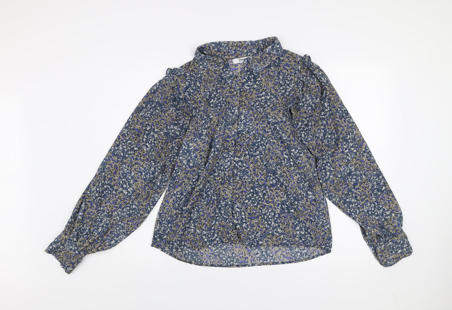 ONLY Women's Blue Floral Ruffle Blouse M Long Sleeve Tunic Style