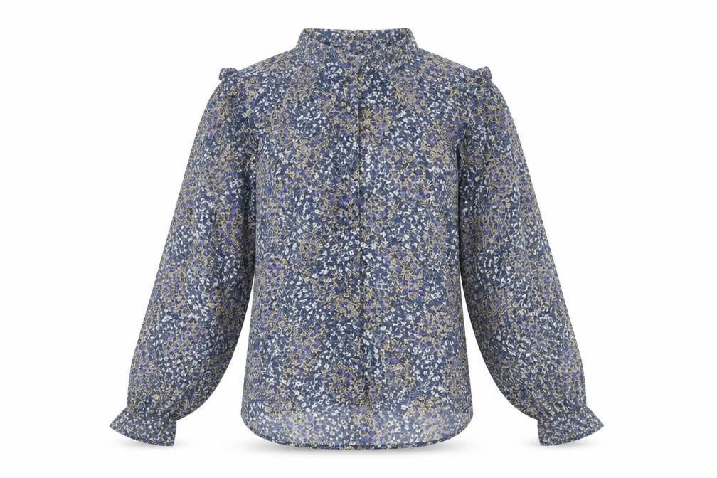 ONLY Women's Blue Floral Ruffle Blouse M Long Sleeve Tunic Style