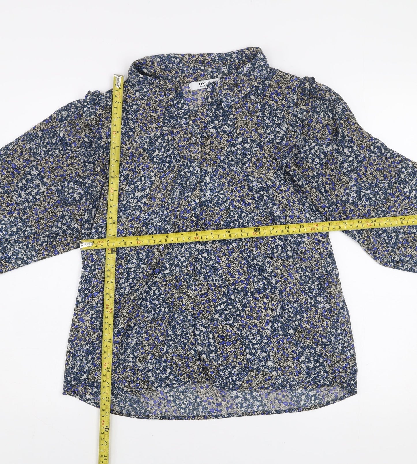 ONLY Women's Blue Floral Ruffle Blouse M Long Sleeve Tunic Style