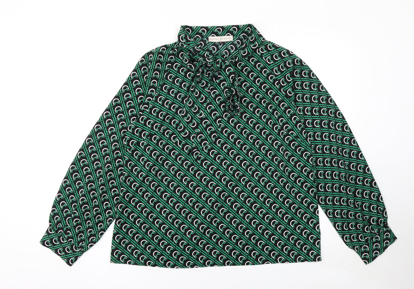 Rowen Avenue Womens Green Geometric Bow Neck Long Sleeve Blouse M