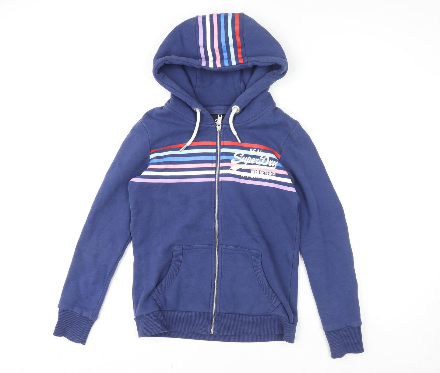 Superdry Unisex Blue Full Zip Hoodie UK 10 Classic Stripe Logo Design