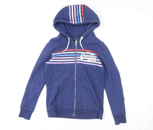 Superdry Unisex Blue Full Zip Hoodie UK 10 Classic Stripe Logo Design