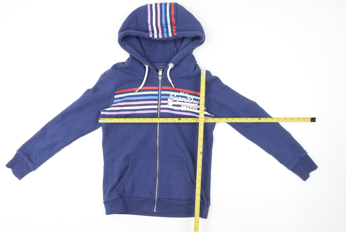 Superdry Unisex Blue Full Zip Hoodie UK 10 Classic Stripe Logo Design