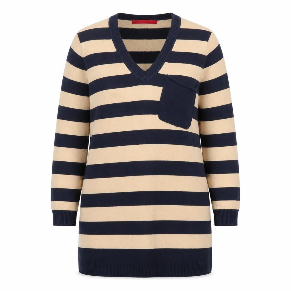 Next Women Beige Black Striped V-Neck Knit Sweater Dress Size 14