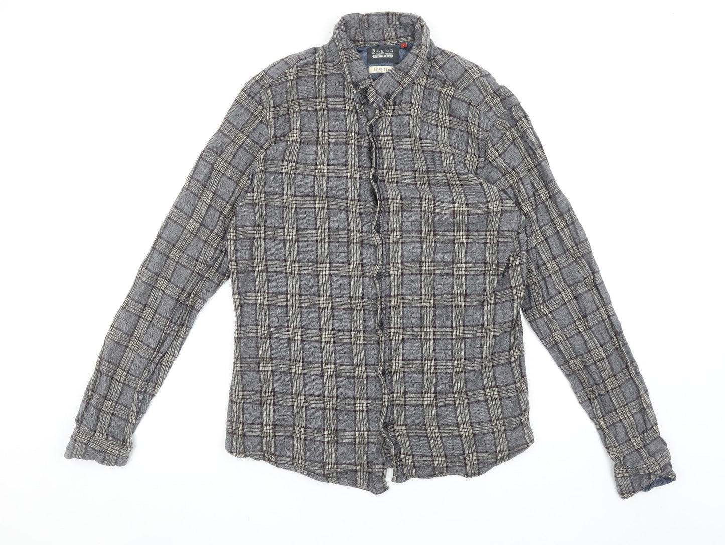 Blend Men's Grey Check Cotton Flannel Long Sleeve Shirt L
