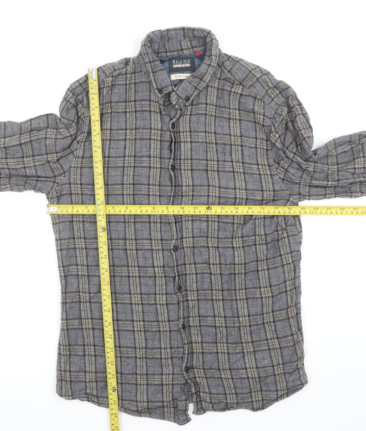 Blend Men's Grey Check Cotton Flannel Long Sleeve Shirt L