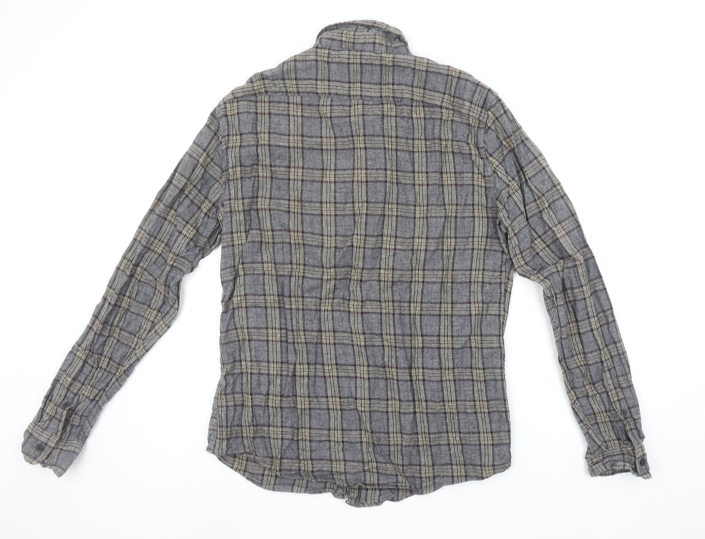Blend Men's Grey Check Cotton Flannel Long Sleeve Shirt L