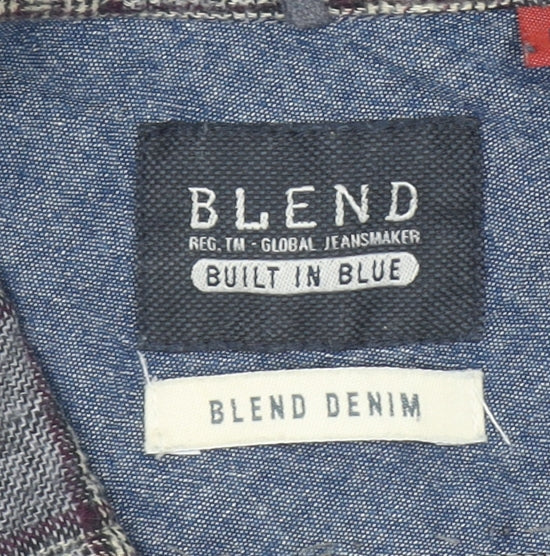 Blend Men's Grey Check Cotton Flannel Long Sleeve Shirt L