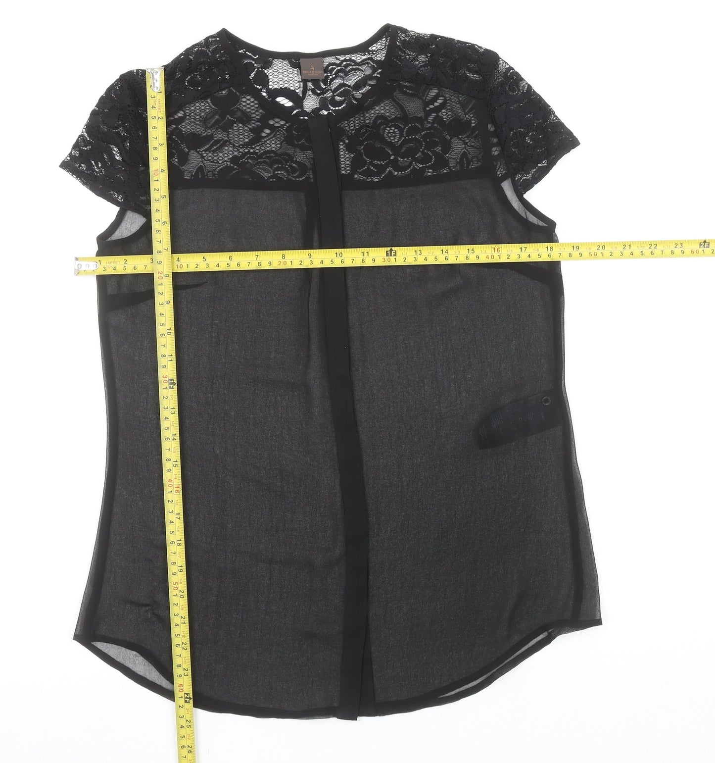 s.Oliver Women Black Lace Sheer Blouse Size 10 Short Sleeve