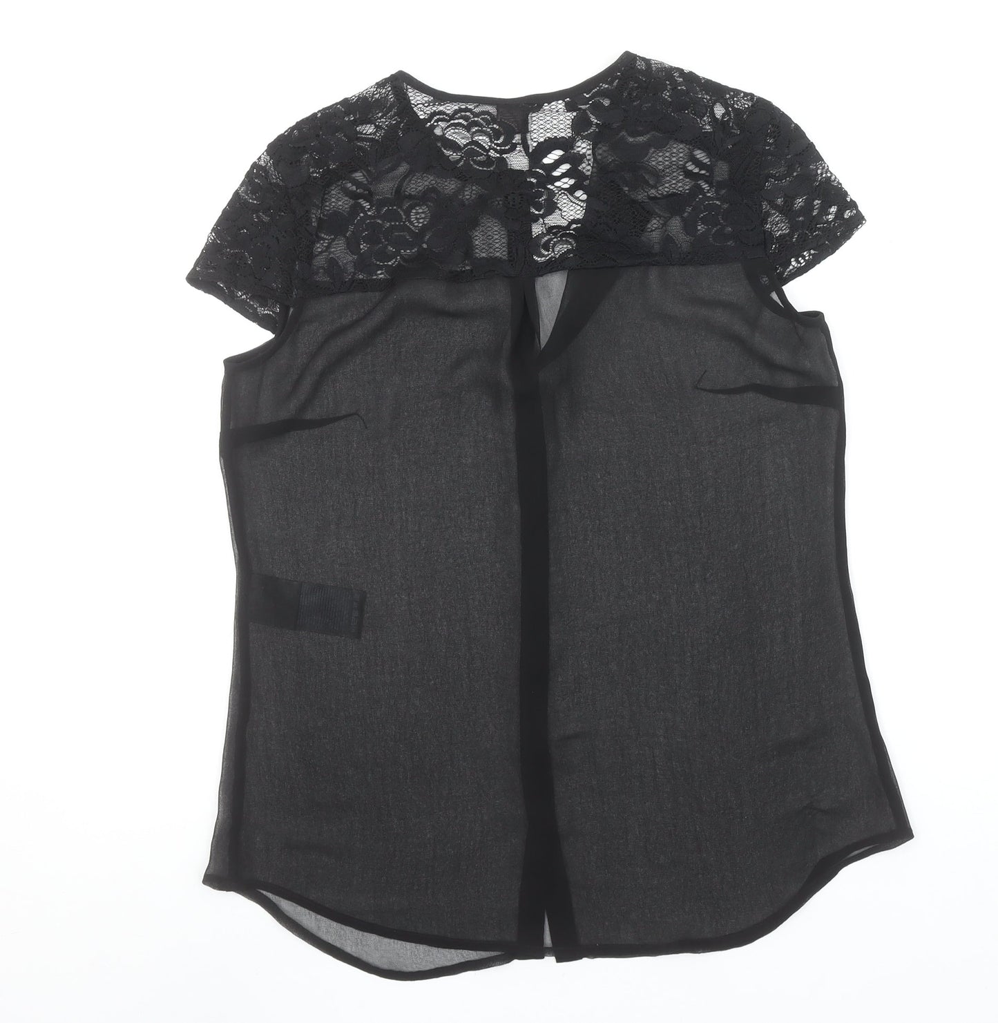 s.Oliver Women Black Lace Sheer Blouse Size 10 Short Sleeve