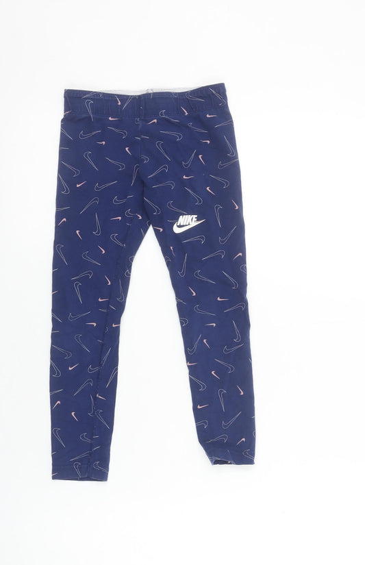 Nike Girls Blue Sports Ankle Leggings Size 7 Years Stretch Cotton