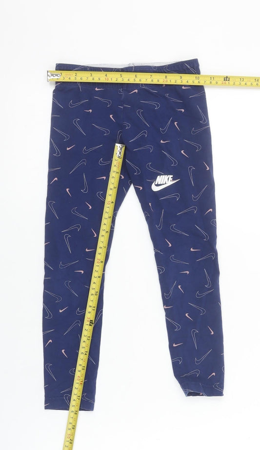 Nike Girls Blue Sports Ankle Leggings Size 7 Years Stretch Cotton