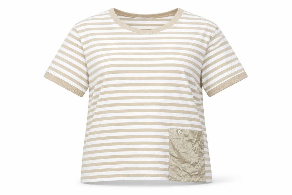 Féria Women’s Beige Striped Short Sleeve Jersey T-Shirt Size 10