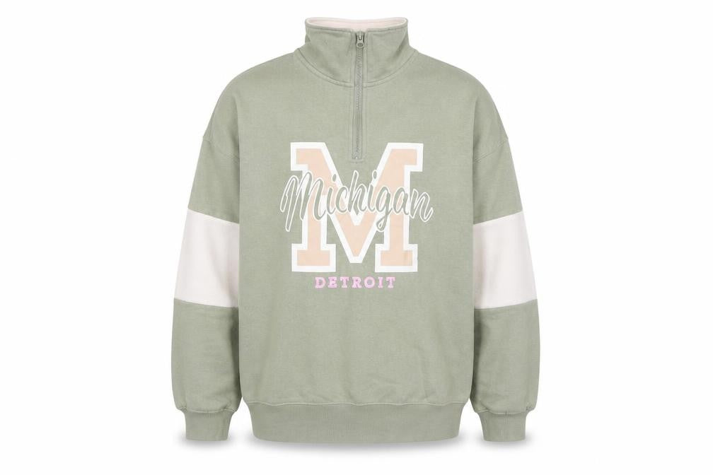 H&M Boys Green Colourblock Michigan Detroit Half Zip Sweatshirt 11-12 Years