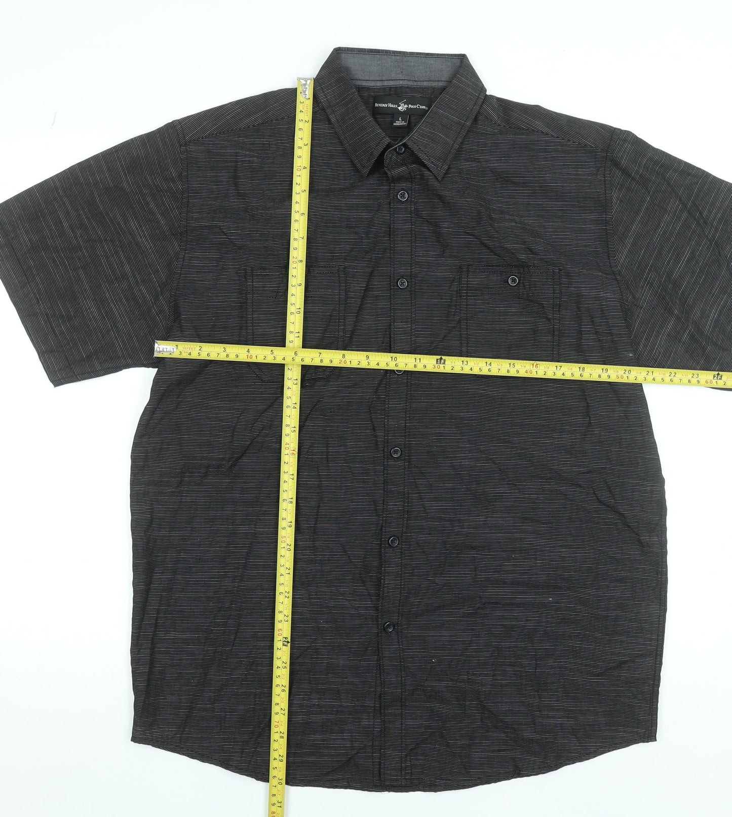Beverly Hills Polo Club Men’s Black Striped Short Sleeve Button-Up Shirt Size L