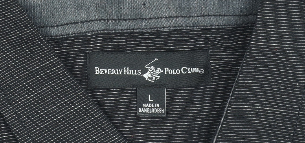 Beverly Hills Polo Club Men’s Black Striped Short Sleeve Button-Up Shirt Size L