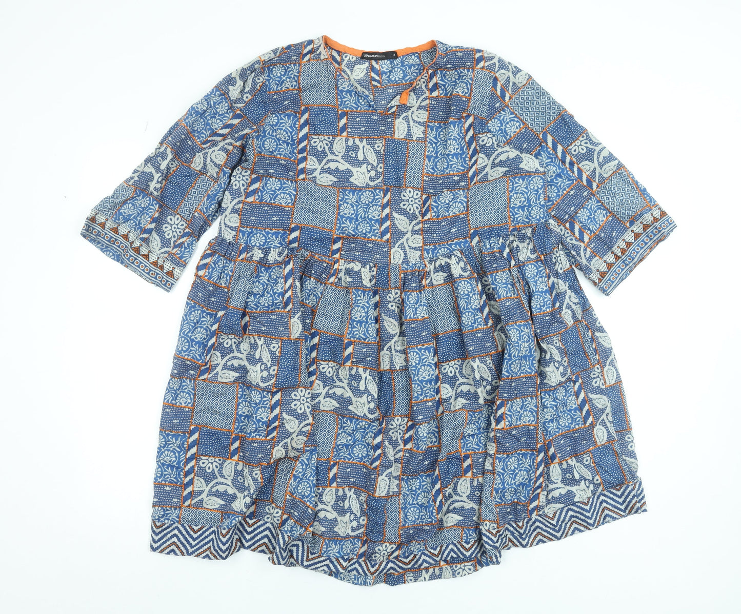 Generation Basic Women Blue Geometric A-Line Knee Length Cotton Dress Size 14