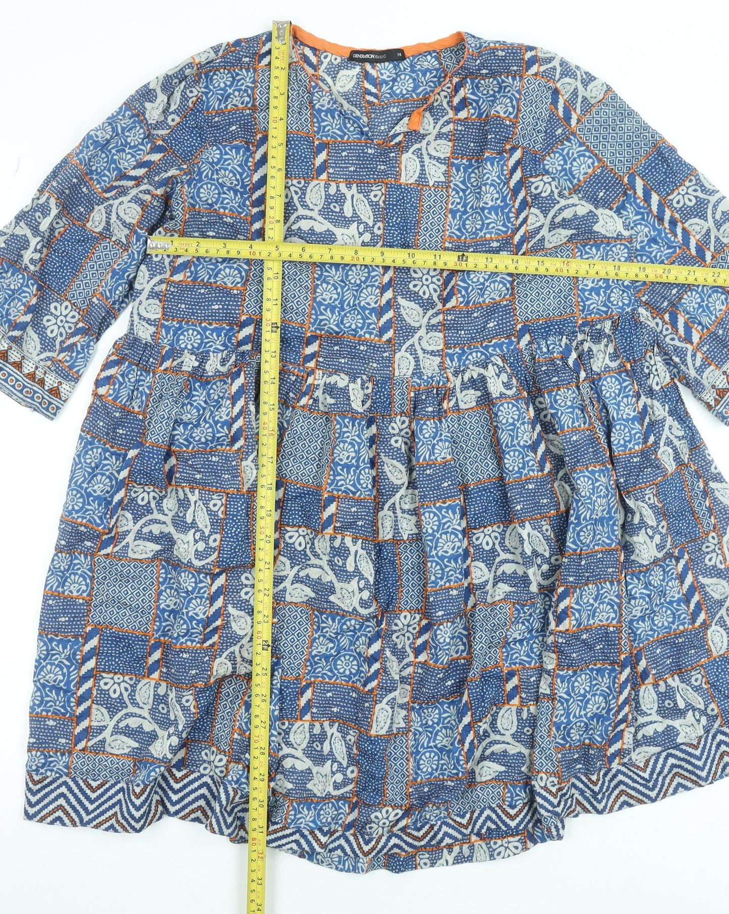 Generation Basic Women Blue Geometric A-Line Knee Length Cotton Dress Size 14
