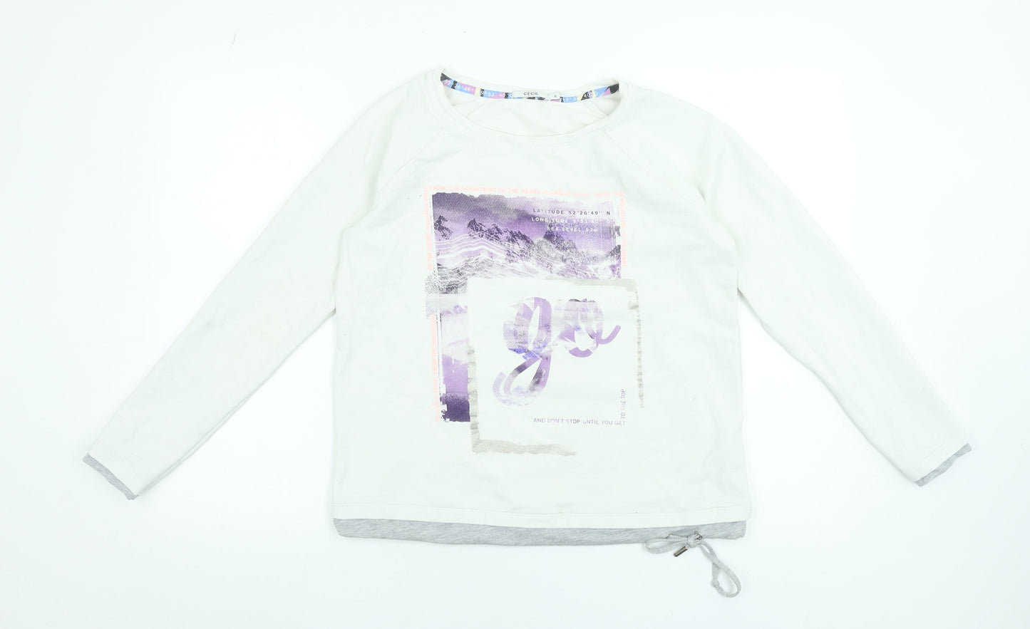 Cecil Women White Long Sleeve Cotton Blend Graphic T-Shirt Size S