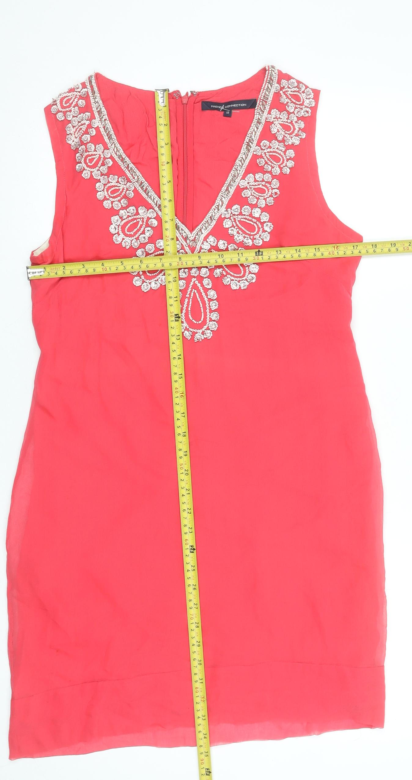 French Connection Women's Red Beaded Silk Shift Dress Size 12
