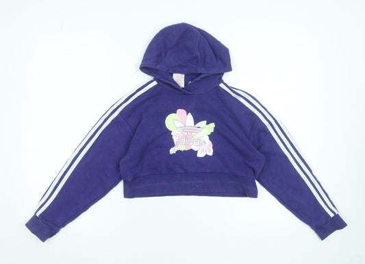Adidas Girls Purple Cropped Pullover Hoodie 9-10 Years Graphic Print Sportswear