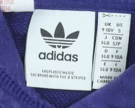 Adidas Girls Purple Cropped Pullover Hoodie 9-10 Years Graphic Print Sportswear