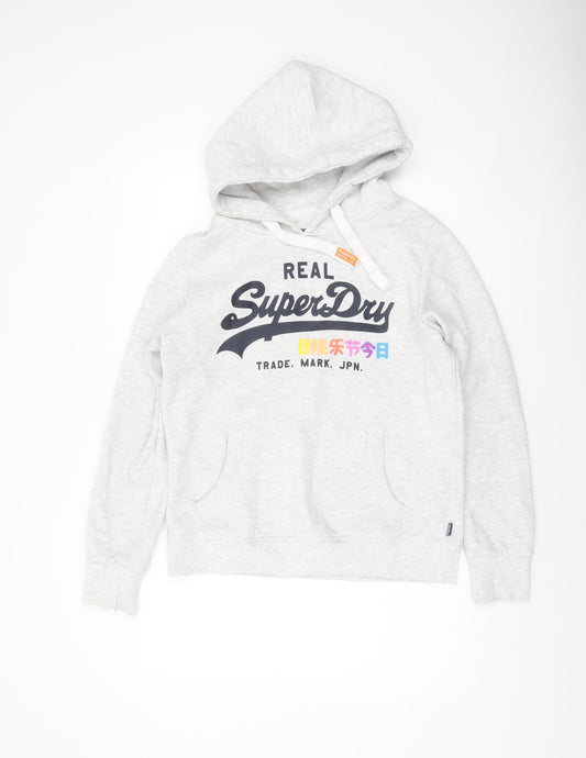 Superdry Women's Grey Hoodie UK 14 Pullover Logo Print Cotton Blend