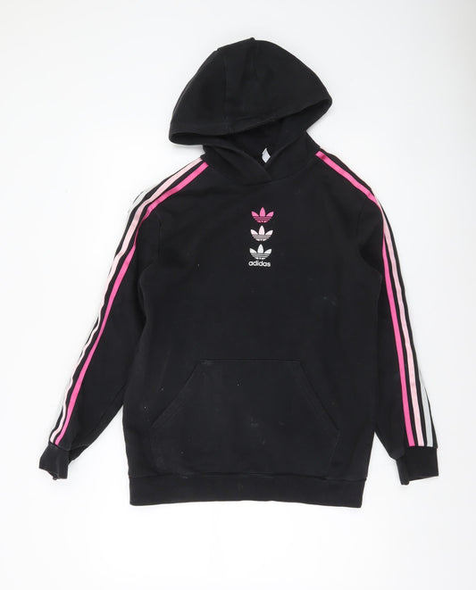 Adidas Girls Black Hoodie 14-15 Years XL Pullover Fleece Logo Sweatshirt