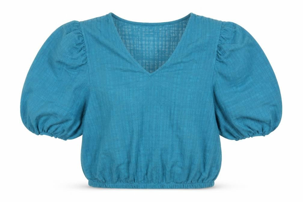 Gallery Women's Blue Cropped Puff Sleeve V-Neck Blouse Size L