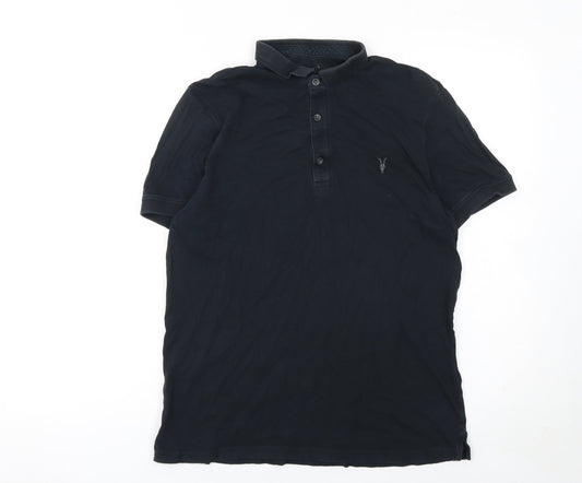AllSaints Men’s Black Slim Fit Polo Shirt Medium Cotton Logo