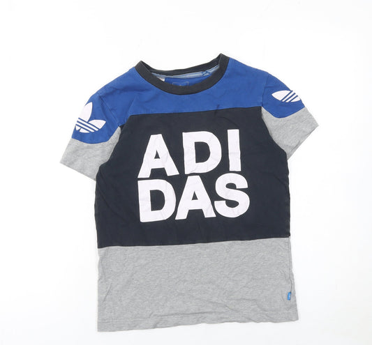 Adidas Boys Blue Black Grey Colourblock Logo Crew Neck T-Shirt 7-8 Years