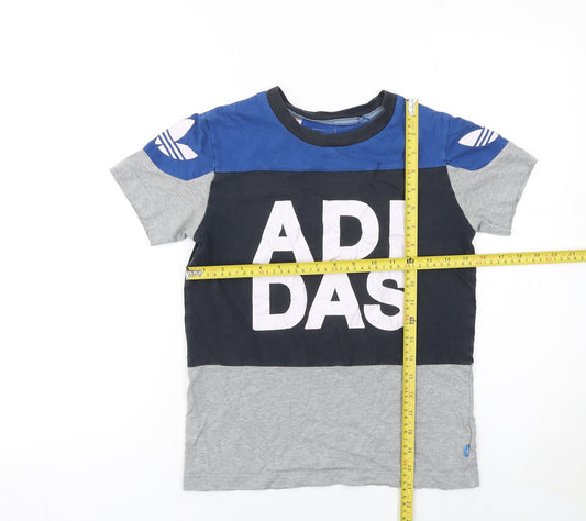 Adidas Boys Blue Black Grey Colourblock Logo Crew Neck T-Shirt 7-8 Years