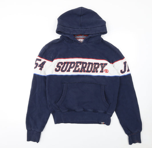 Superdry Women Navy Pullover Hoodie Medium Sports Logo Cotton Blend