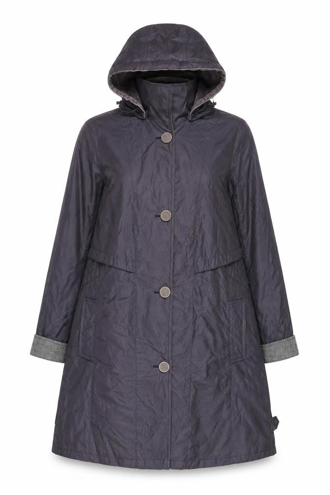 Junge Women’s Grey Hooded Rain Coat Size 18 Long Button Up Jacket