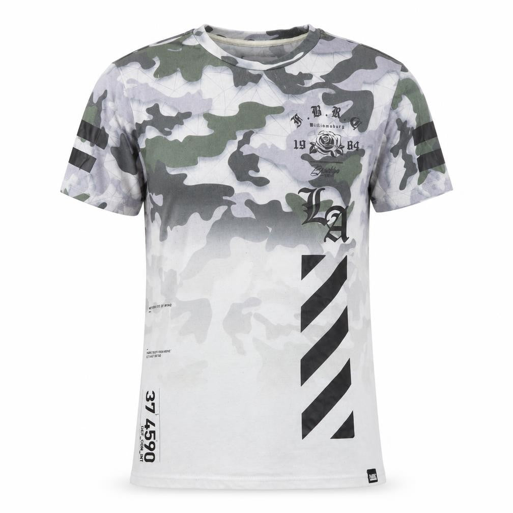 Fabric Mens Camouflage Graphic Print Crew Neck T-Shirt Green Grey Size L