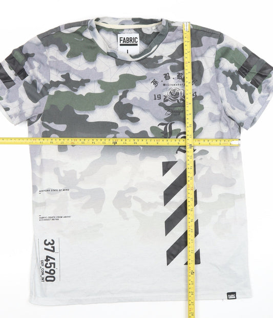 Fabric Mens Camouflage Graphic Print Crew Neck T-Shirt Green Grey Size L