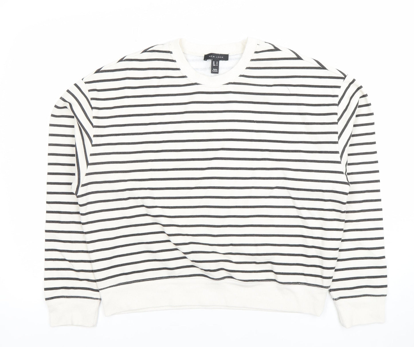 New Look Women White Black Striped Crew Neck Pullover Sweatshirt Size M
