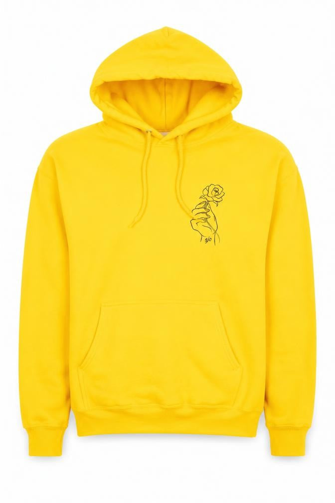 ATC Mens Yellow Pullover Hoodie S Graphic Rose Print Fleece
