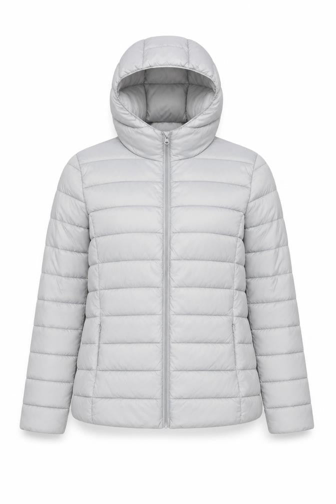 Dunnes Stores Womens Grey Lightweight Puffer Jacket L Hooded Shower Resistant