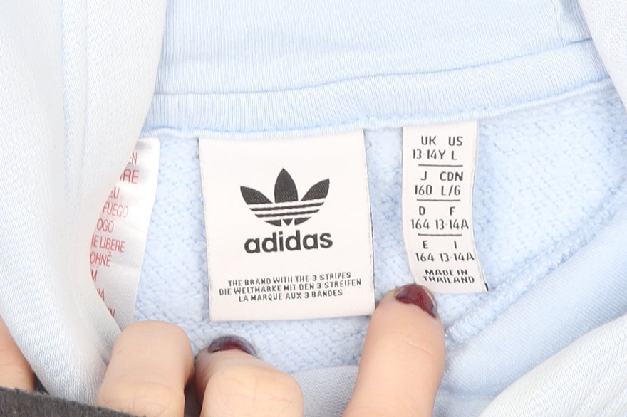 adidas Girls Blue Pullover Hoodie 13-14 Years Logo Graphic Cotton Blend