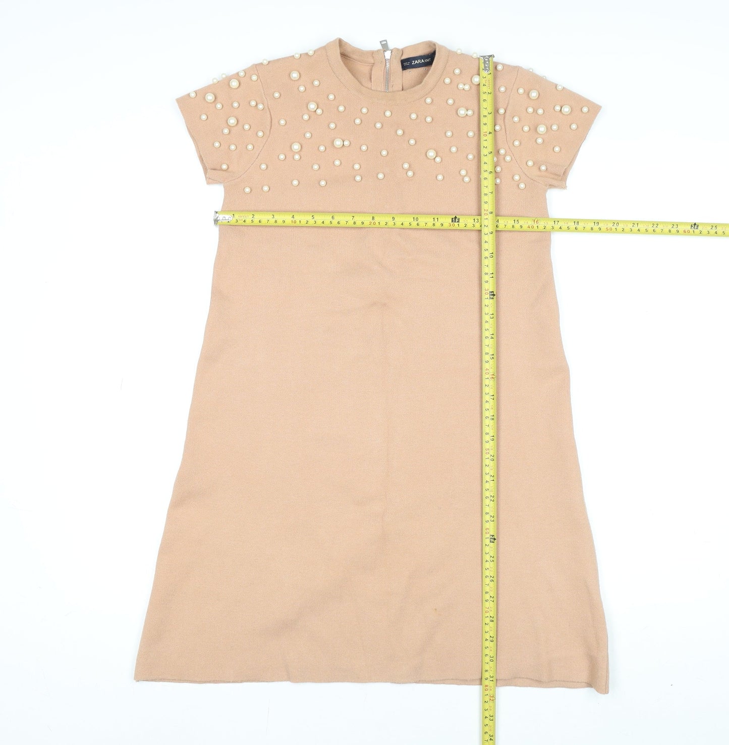 Zara Women Beige Beaded Knit Shift Dress Size 12