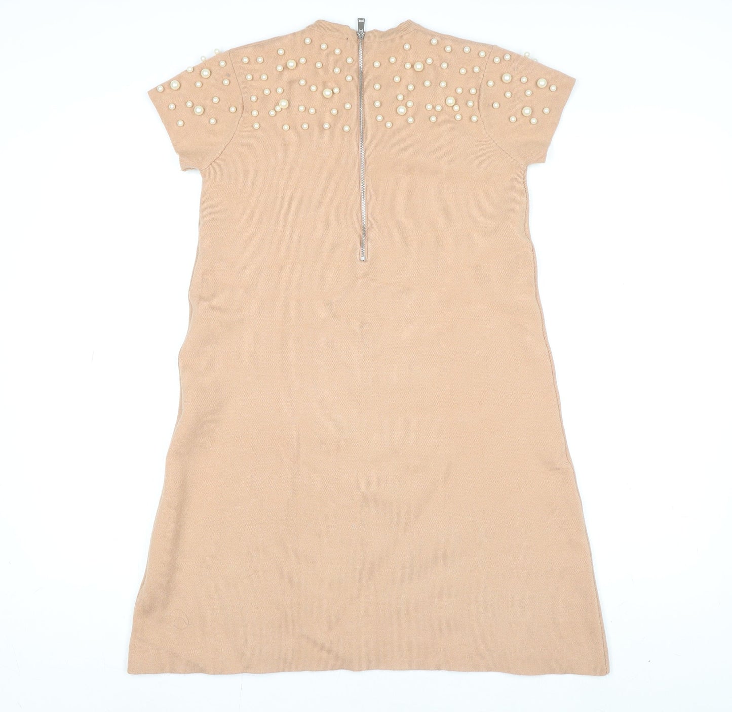 Zara Women Beige Beaded Knit Shift Dress Size 12