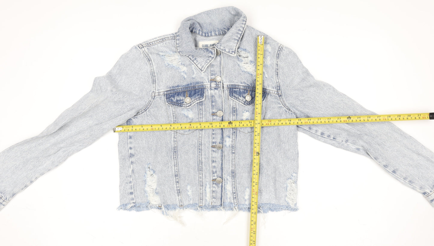 Clube Jeans Womens Blue Cropped Distressed Denim Jacket Size S