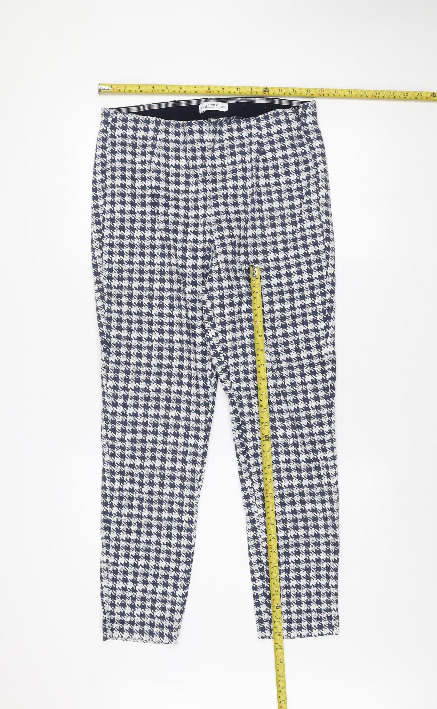 Gallery Women's Blue Check Tapered Trousers UK 14 Cotton Blend