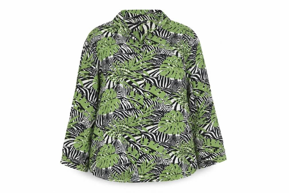 Front view of Gerard women’s green black leaf print button-up shirt, size UK 10