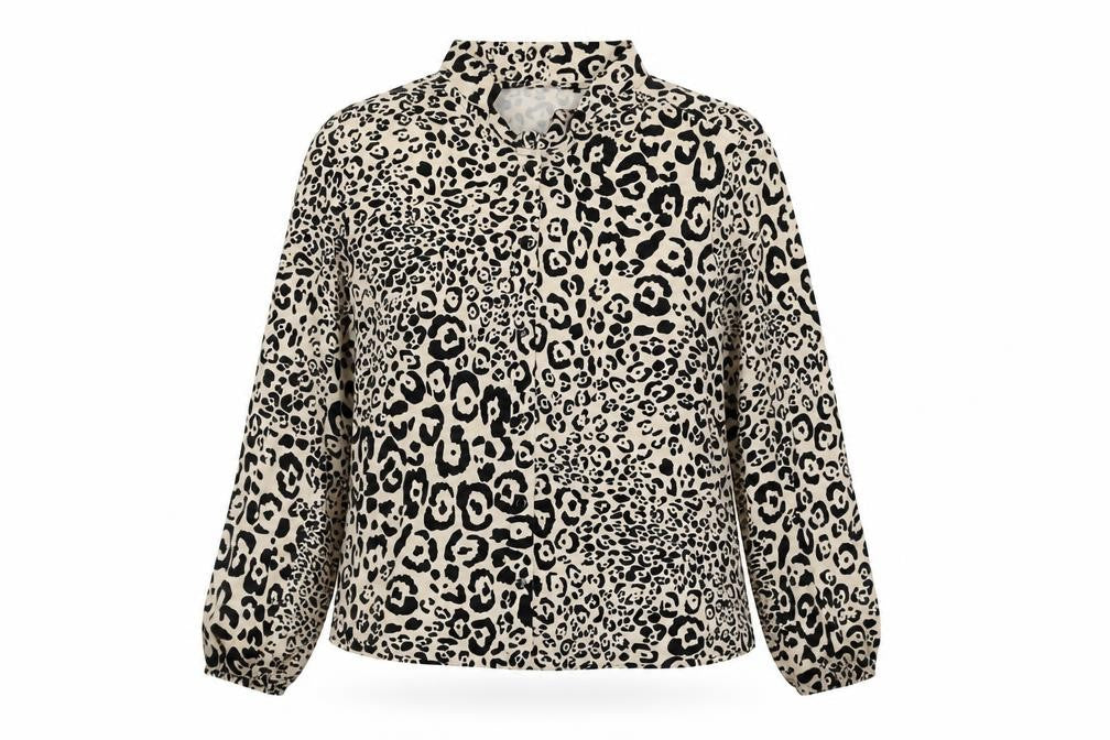 Dunnes Womens Beige Animal Print High Neck Long Sleeve Blouse Size S