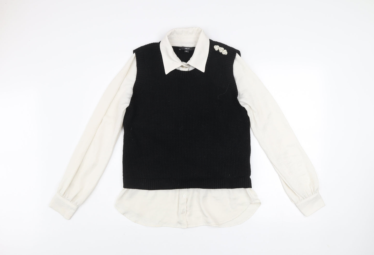 Next Women's Black Collared Layered Knit Blouse Size S Long Sleeve